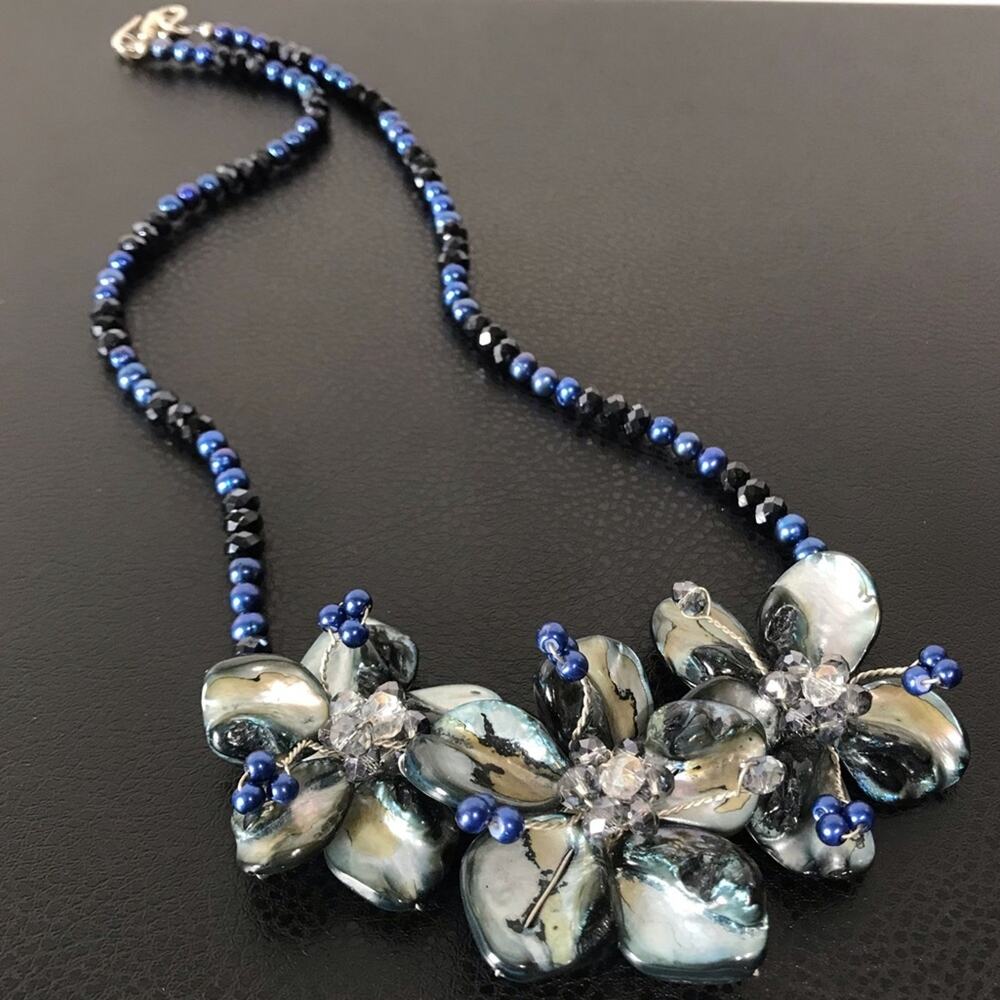 Vintage Necklace 3 Large Abalone Flowers Blue Pearl Facetted Black AB Glass Bead